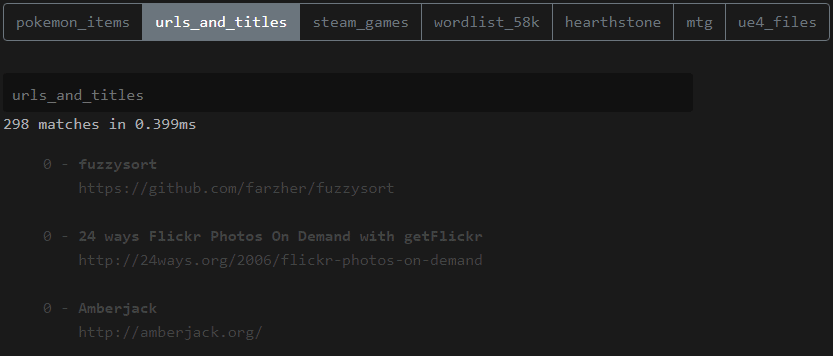 Fuzzysort search results